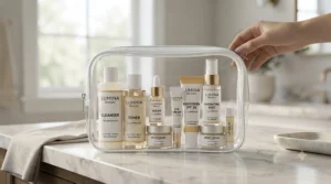 High-quality travel-sized jars from a TSA approved skincare set arranged on a clean vanity surface.
