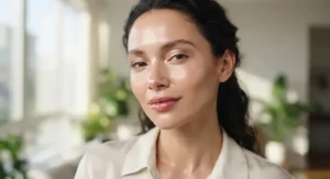 Model with a radiant, dewy complexion after applying liquid foundation formulated for dry skin.