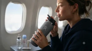 Traveler drinking plenty of water during a flight for airplane skin dehydration prevention.