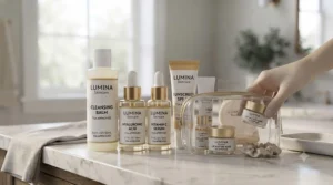 An eco-friendly and sustainable TSA approved skincare set packed in a reusable travel pouch.