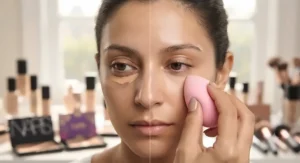 Using a soft makeup sponge to gently blend out liquid concealer under the eye for a seamless finish.