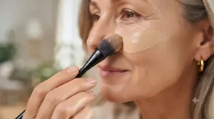 Makeup brush blending foundation for mature skin on a woman's cheek.
