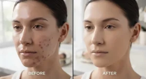 Before and after comparison showing full coverage foundation effectively concealing blemishes on oily skin.