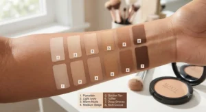 A variety of full-coverage powder foundation shades swatched on a forearm, suitable for oily skin types.