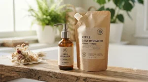 Premium glass serum bottle alongside a compostable eco-friendly refill pouch.