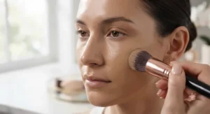 Close-up of a makeup brush applying full coverage foundation onto skin prone to oiliness.