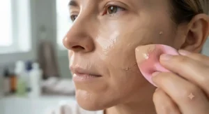 A close-up of a beauty sponge gently blending liquid foundation into dry skin for a hydrated finish.