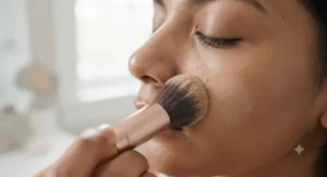 Close-up view of a makeup brush buffing powder foundation into the skin to minimize the appearance of pores on oily skin.