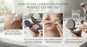 Step-by-step application guide for keeping cushion foundation shine-free all day.
