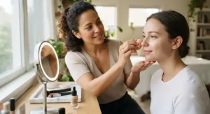 A makeup artist demonstrating how to apply light coverage foundation for everyday application.