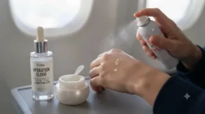 Diagram showing how to layer serum and moisturizer for effective airplane skin dehydration prevention.