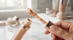 A creamy, hydrating concealer tube open with its applicator wand showcasing a rich formula for dry skin.