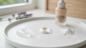 Illustration of hyaluronic acid and peptides in foundation for mature skin.