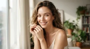 Model showing dewy skin using light coverage foundation for everyday use.