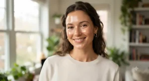 Woman smiling with a fresh face achieved by using light coverage foundation for everyday.