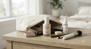 Minimalist makeup bag essentials including light coverage foundation for everyday.