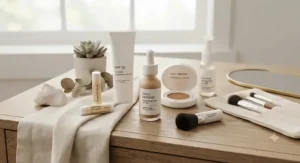 Flat lay of beauty products featuring light coverage foundation for everyday sun protection.