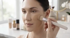 Application of a breathable, lightweight full coverage foundation that prevents oil buildup.