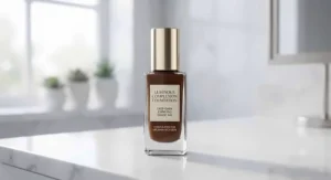 A sleek glass bottle of liquid foundation formulated specifically for deep and dark skin tones.