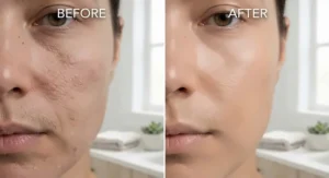 Comparison of skin texture before and after using a smoothing liquid foundation for dry skin.