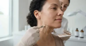 Dermatologist-recommended liquid foundation for dry skin being applied to a model's jawline.