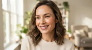 Woman smiling with a natural-looking, long-lasting liquid foundation finish on dry skin.