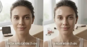 Comparison of fresh application versus 8-hour wear of powder foundation for oily skin.