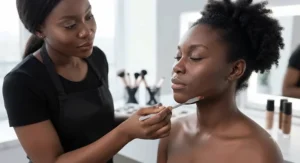 A makeup artist matching a long-wear liquid foundation to a client with a deep, rich skin tone.