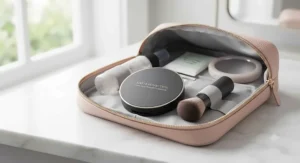 A portable compact of powder foundation in a makeup bag, ideal for touching up oily skin on the go.