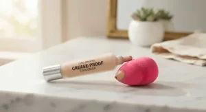 A sleek squeeze tube of crease-proof under eye concealer sitting on a marble vanity next to a makeup sponge.