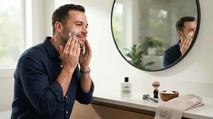 Man applying a cooling post-shave soothing treatment to his skin after shaving. post-shave soothing treatment men