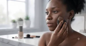 A person with a deep skin tone applying a mattifying liquid foundation with a makeup sponge.