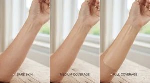 Chart showing light to full coverage options for mature skin foundation.