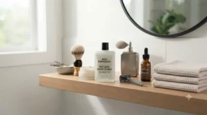 Selection of essential men's grooming items including a post-shave treatment.