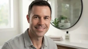 A man smiling after a clean shave, highlighting healthy and hydrated skin.