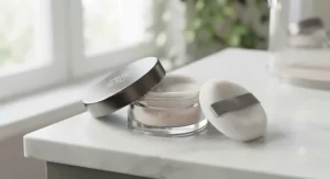Mineral powder foundation for oily skin in a glass jar with an applicator puff.