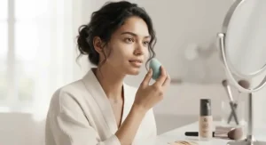 A model applying long-wear matte foundation for oily skin with a makeup sponge for a smooth finish.