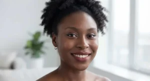 A smiling Black woman with a flawless complexion wearing a high-coverage foundation for deep skin tones.