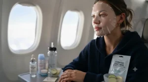 Passenger using a hydrating sheet mask during a long-haul flight for skin dehydration prevention.