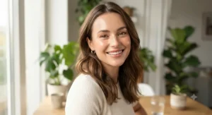 A smiling woman showcasing a fresh, glowing complexion achieved with foundation with SPF for daily wear.