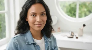 A model showing a natural, soft-matte look achieved with powder foundation on oily skin.