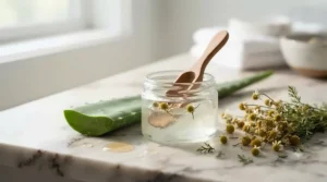 Close-up of aloe vera and chamomile ingredients used in men's skincare.