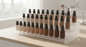 A diverse shade range of oil-free matte foundation for oily skin arranged neatly in rows.