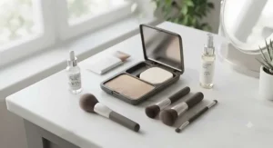 Flat lay of a daily makeup routine featuring powder foundation for oily skin and setting spray.