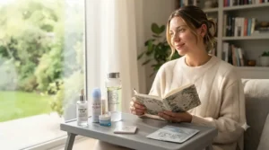 A post-flight skincare routine illustration for complete airplane skin dehydration prevention.