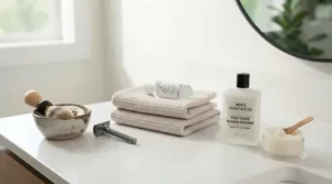 Icons representing a three-step daily men's grooming routine for sensitive skin.