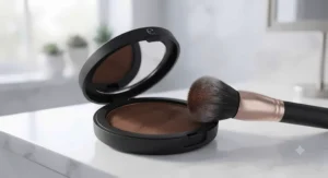A compact of powder foundation designed for deep skin tones resting next to a soft blending brush.