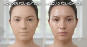 Split screen comparison showing the matte finish of powder foundation versus liquid foundation on an oily complexion.