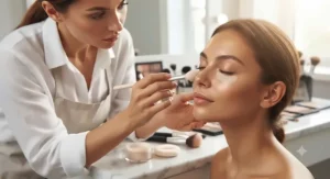 A makeup artist gently setting under eye concealer that doesn't crease with a fluffy brush and loose powder.