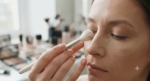 A makeup brush lightly dusting translucent setting powder over concealer to prevent creasing.